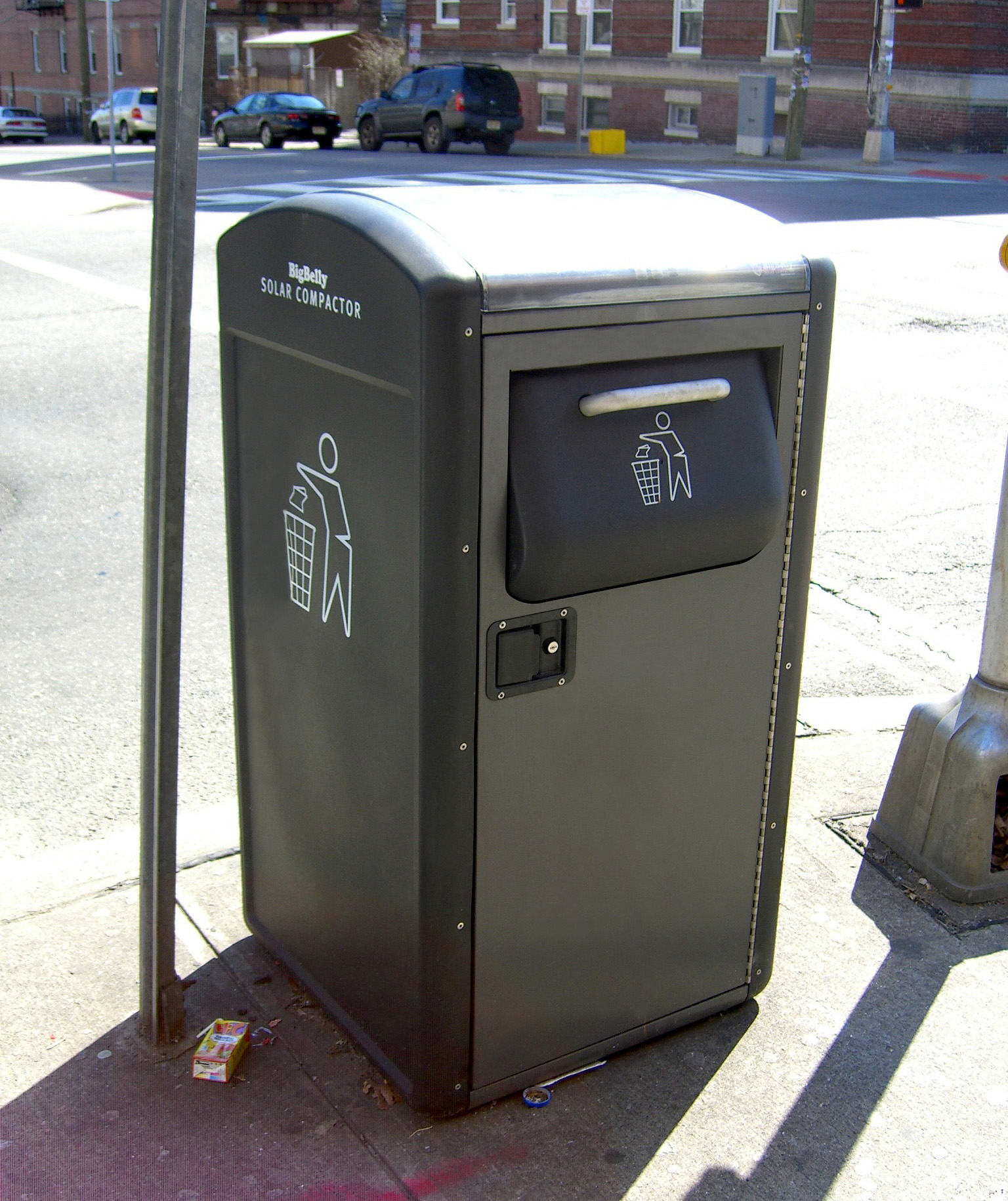 A solar photovoltaic trash compactor. These are now commonplace in Victoria and Vancouver.